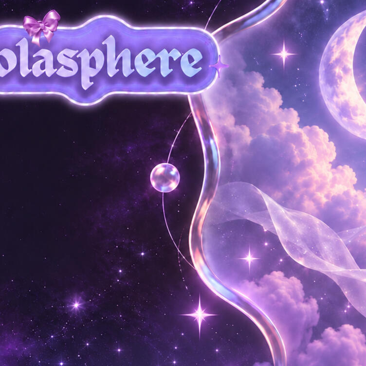 The glowing Olasphere wordmark beside a frosted-glass celestial moodboard with lavender clouds, a crescent moon, sheer ribbon, pressed flowers, and torn pastel paper.