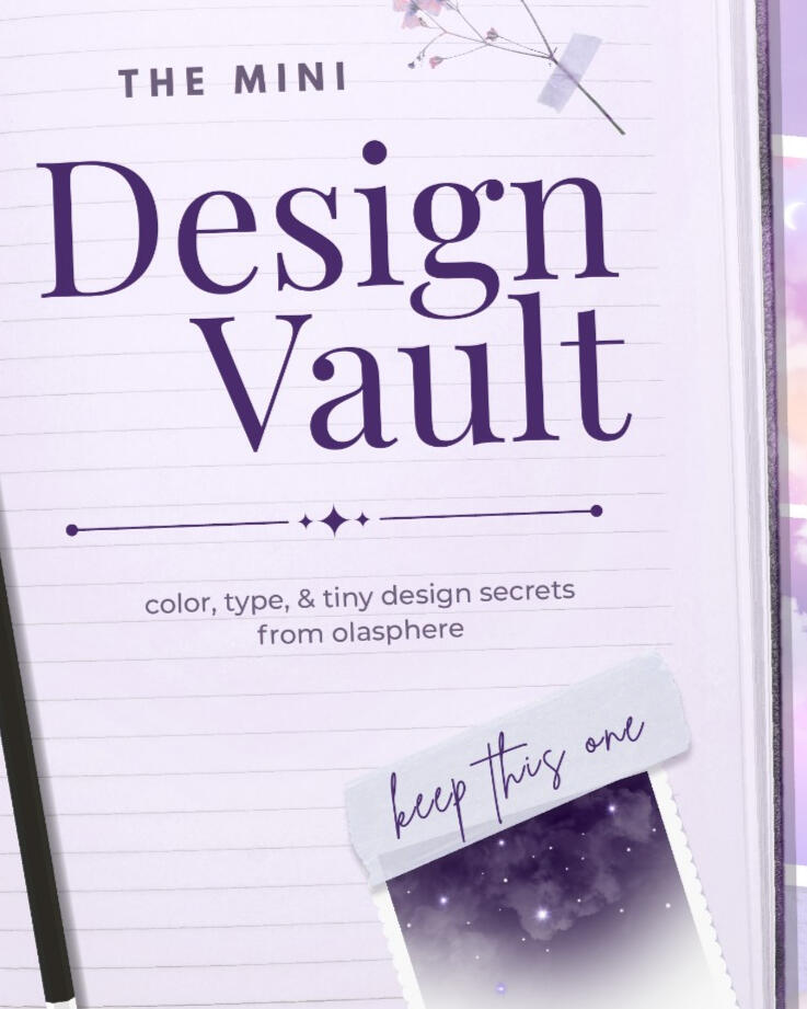 The glowing Olasphere wordmark beside a frosted-glass celestial moodboard with lavender clouds, a crescent moon, sheer ribbon, pressed flowers, and torn pastel paper.
